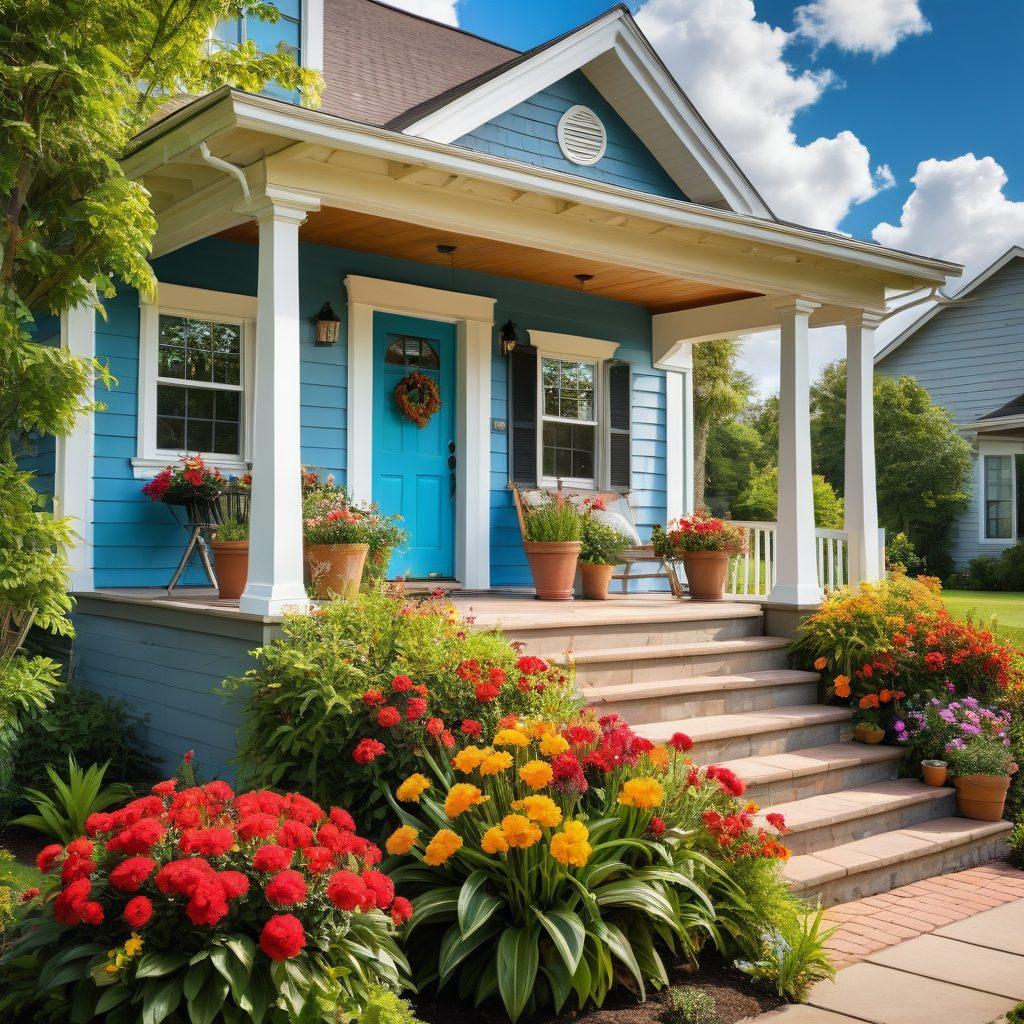 A cozy, inviting dream home surrounded by lush greenery and colorful flowers, featuring a charming front porch. Include a happy first-time homebuyer couple examining mortgage documents with a friendly mortgage advisor, looking excited and hopeful. The sky is bright blue with soft clouds above, symbolizing new beginnings. Emphasize warmth and positivity with vibrant colors. super-realistic. vibrant colors.