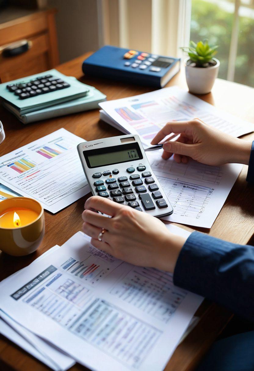 A cozy living room featuring a pair of hands holding a calculator and a home buying guide, with a welcoming house in the background. Include financial documents like budgets and charts scattered around, symbolizing planning and aspirations. Bright, inviting colors to convey hope and warmth. super-realistic. vibrant colors. 3D.