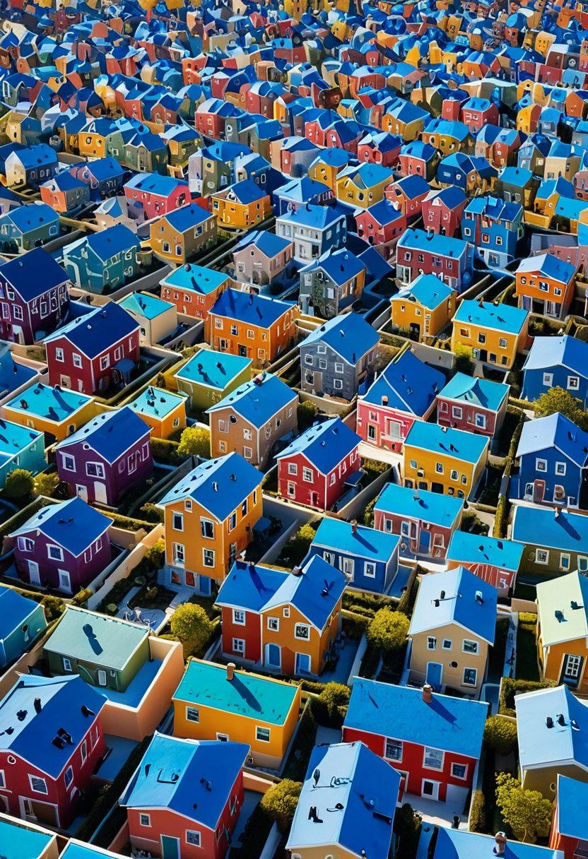 An intricately designed maze made of stacks of colorful houses, with a key floating above, symbolizing solutions. In the foreground, a diverse group of people, looking determined and engaged, study a large map with mortgage strategies and charts. The sky is bright blue, indicating hope and clarity. The scene radiates warmth and optimism, inviting viewers to navigate their housing options. vibrant colors. super-realistic.